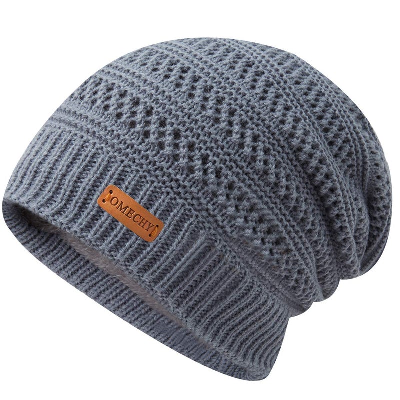 OMECHY Beanie for Men Women Thick Warm Fluffy Lined Knit Winter Hat Slouch Chunky Stretch Plain Cuff Toboggan Cap Grey - Image 1